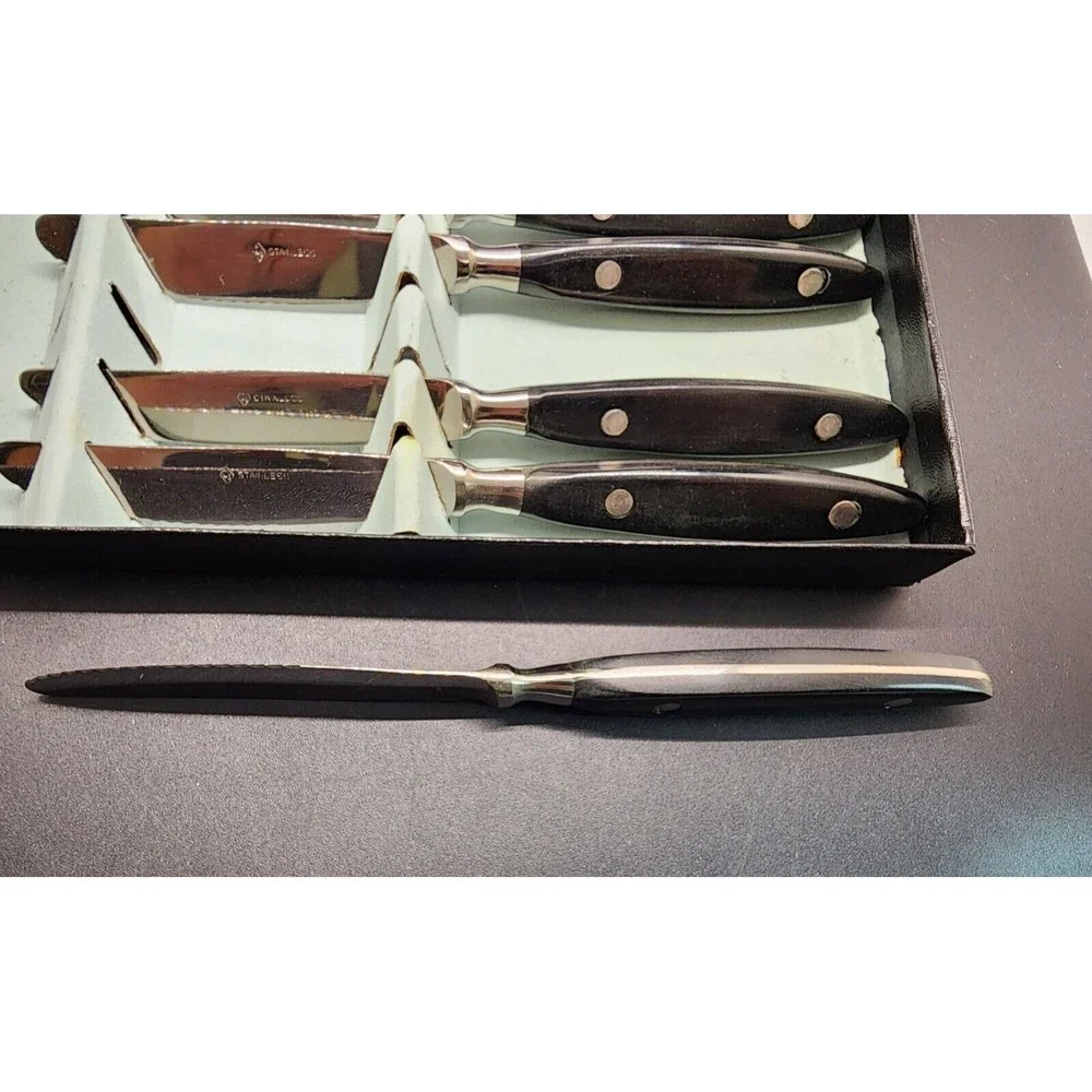 6-Pc MCM CI Stainless Japan Black Composite Handle Dinner Knife Set NOS IN BOX